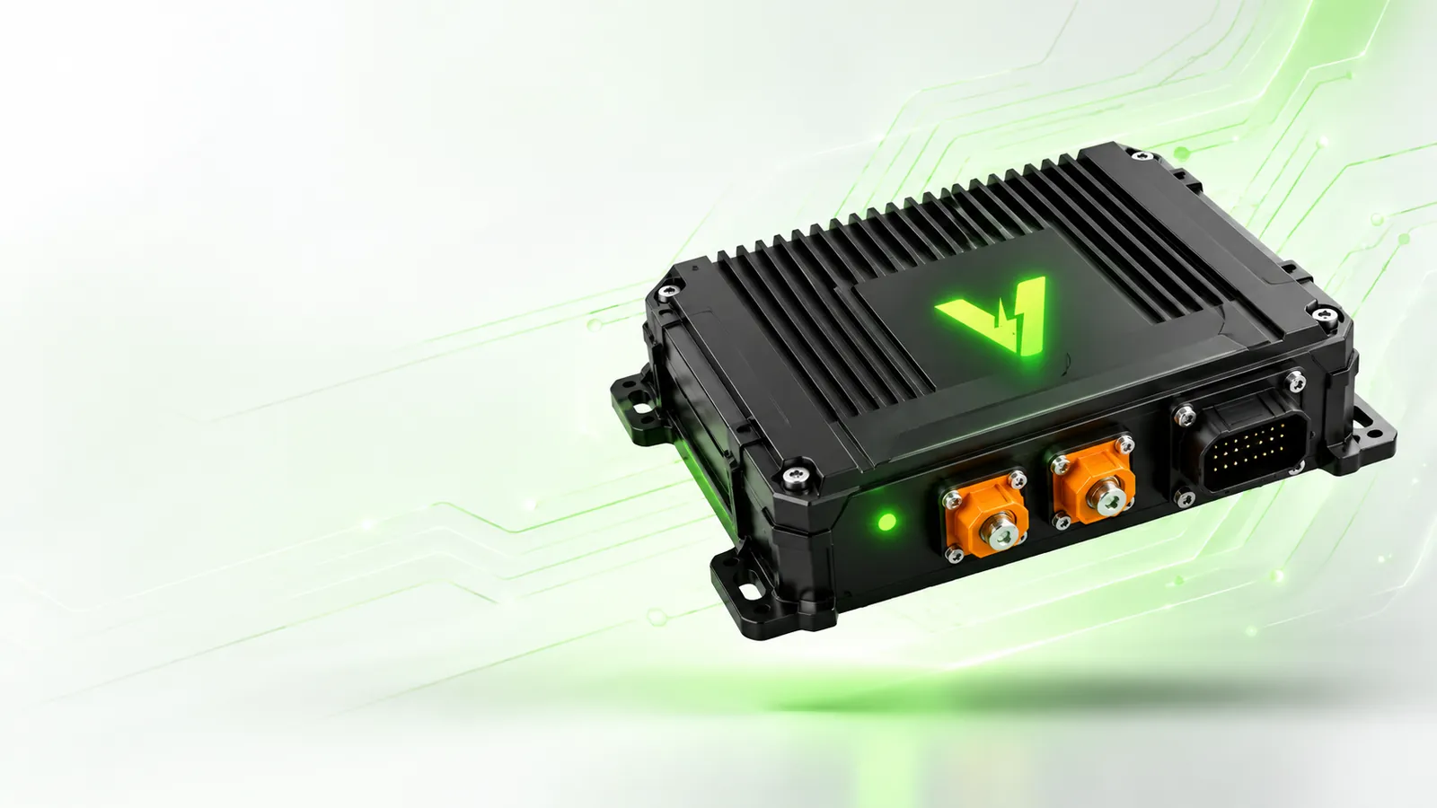 Voltava BMS module floating over faint circuit traces, concept render