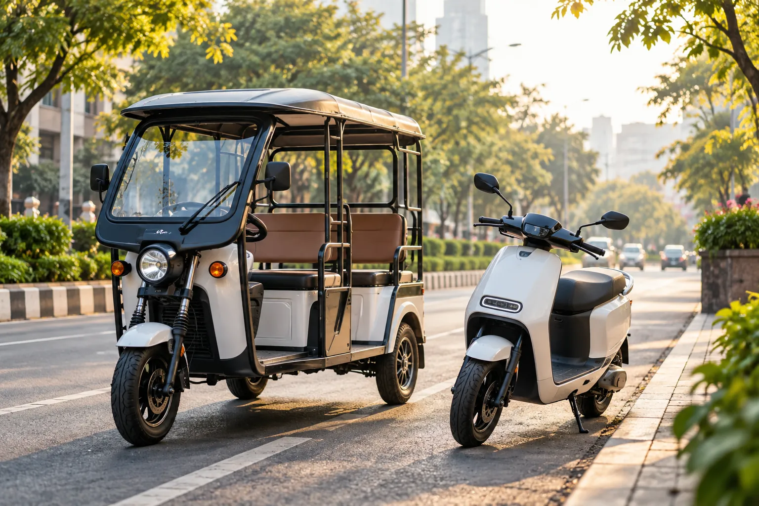 An electric three-wheeler and an electric scooter parked on a tree-lined city street
